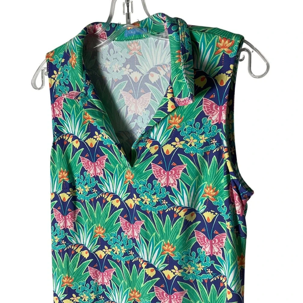 J.McLaughlin Womens Sleeveless Shift Dress Green Butterfly Botanical Print Sz M - Picture 2 of 7